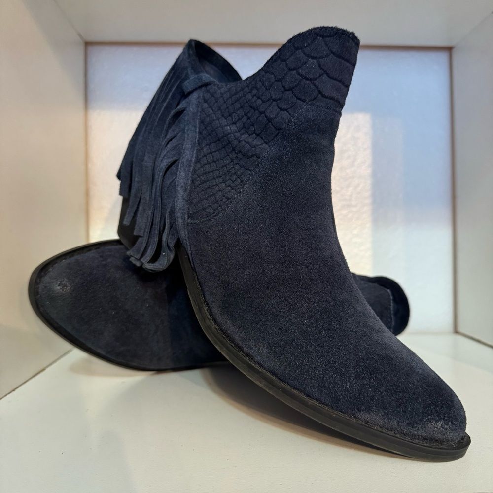 Reba Navy Suede Fringe Ankle Booties Western Boho Cowgirl Chic Country Concert